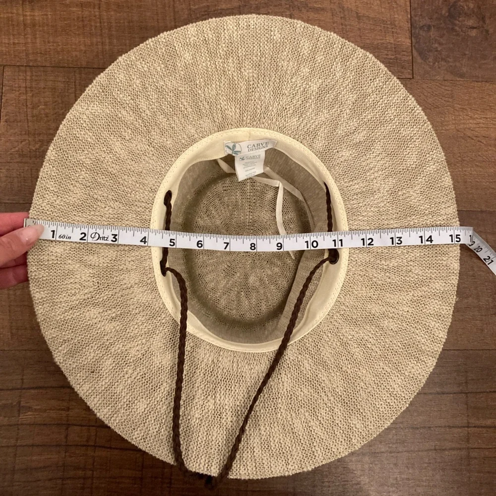Carve Designs Beige Woven Sun Hat with Brown Braided Chin Cord EUC